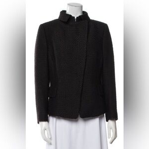 Akris Wool Blend Herringbone Woven Brown Hidden Button Placket Jacket Size US 12